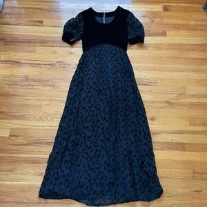 Vintage 70s Velvet Whimsygoth Maxi Dress Floral Prairie Handmade Size S FLAW